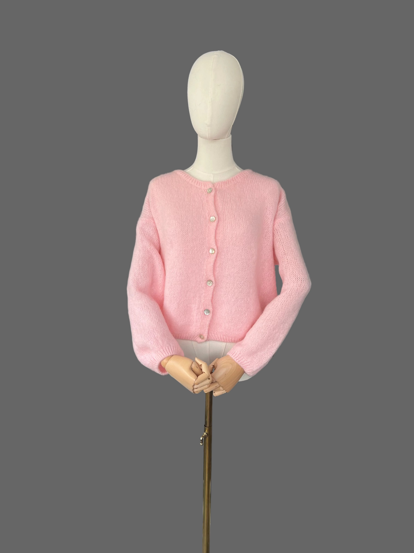Baby Pink Mohair Blend Round-Neck Cardigan