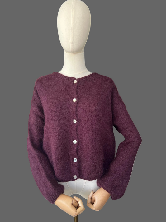 Prune Mohair Blend Round-Neck Cardigan