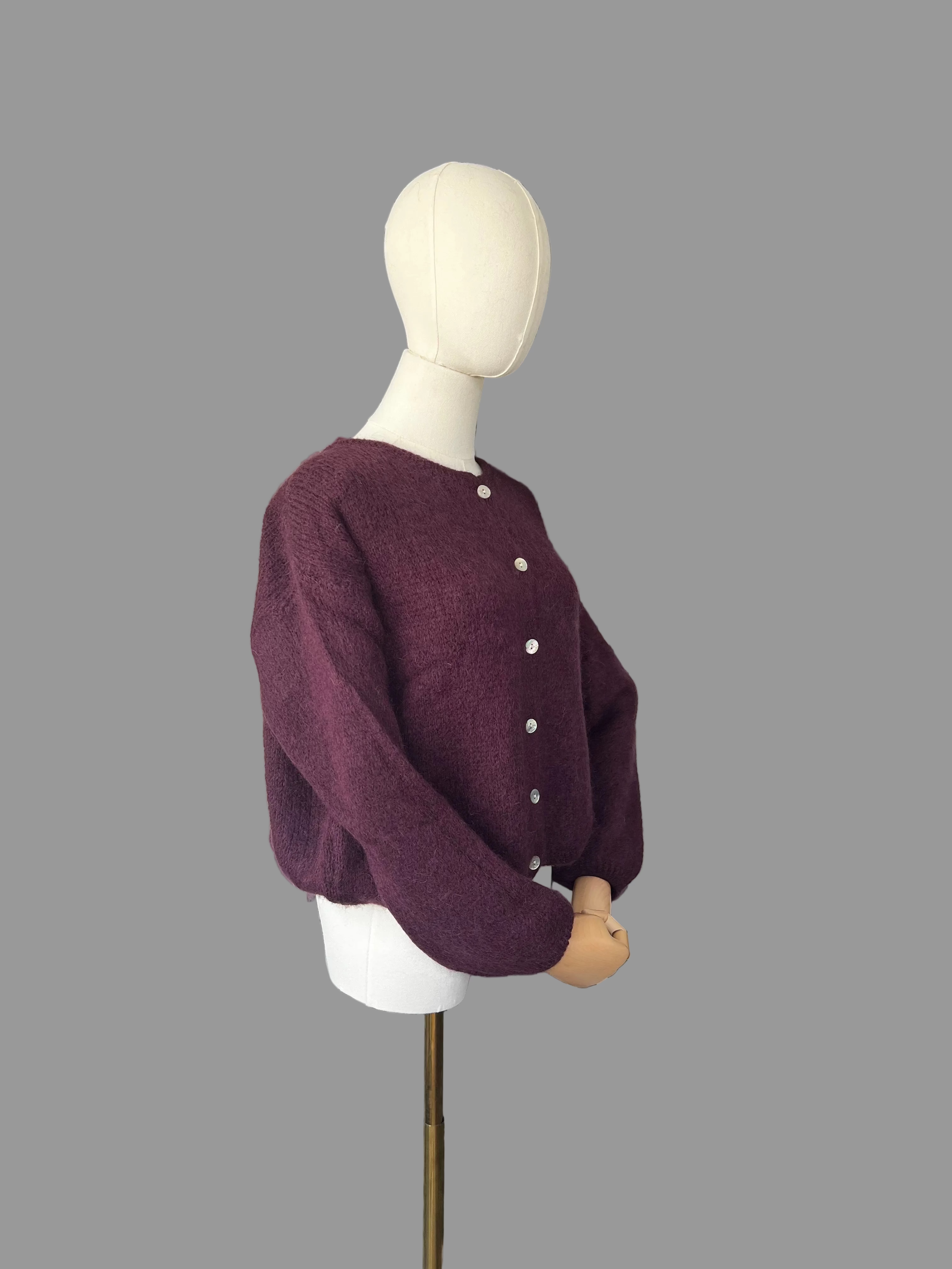 Prune Mohair Blend Round-Neck Cardigan
