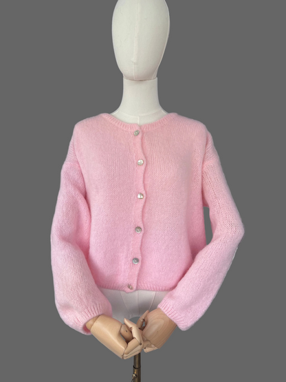 Baby Pink Mohair Blend Round-Neck Cardigan