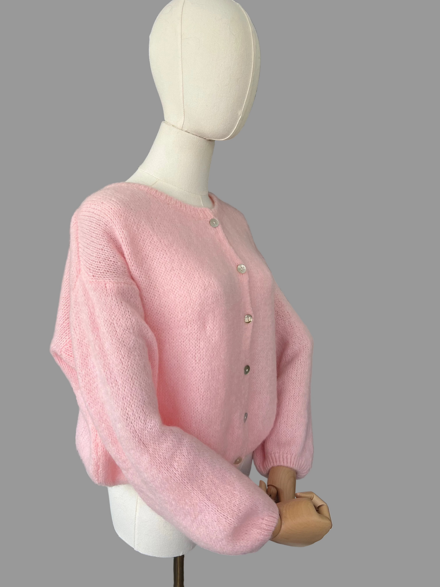 Baby Pink Mohair Blend Round-Neck Cardigan