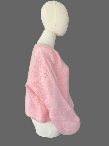 Baby Pink Mohair Blend Round-Neck Cardigan