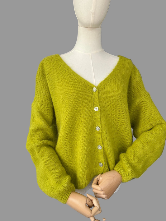 Olive Green Mohair Blend V-Neck Cardigan