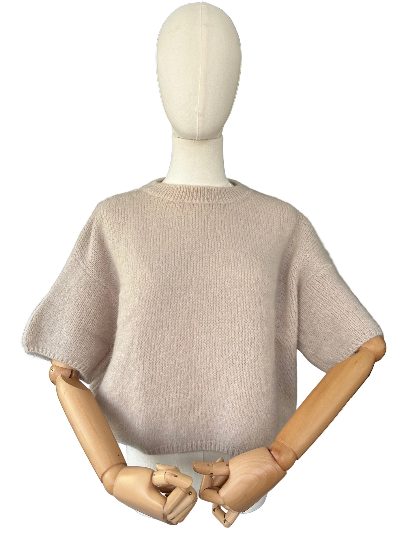 Women's Beige Cropped Short Sleeve Knit Jumper