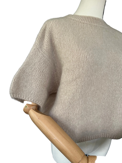 Women's Beige Cropped Short Sleeve Knit Jumper