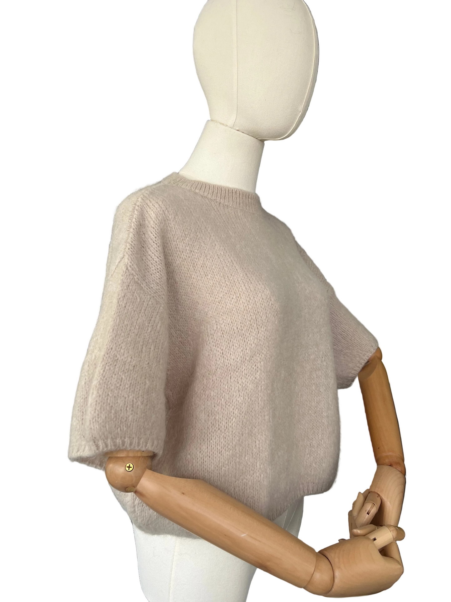 Women's Beige Cropped Short Sleeve Knit Jumper