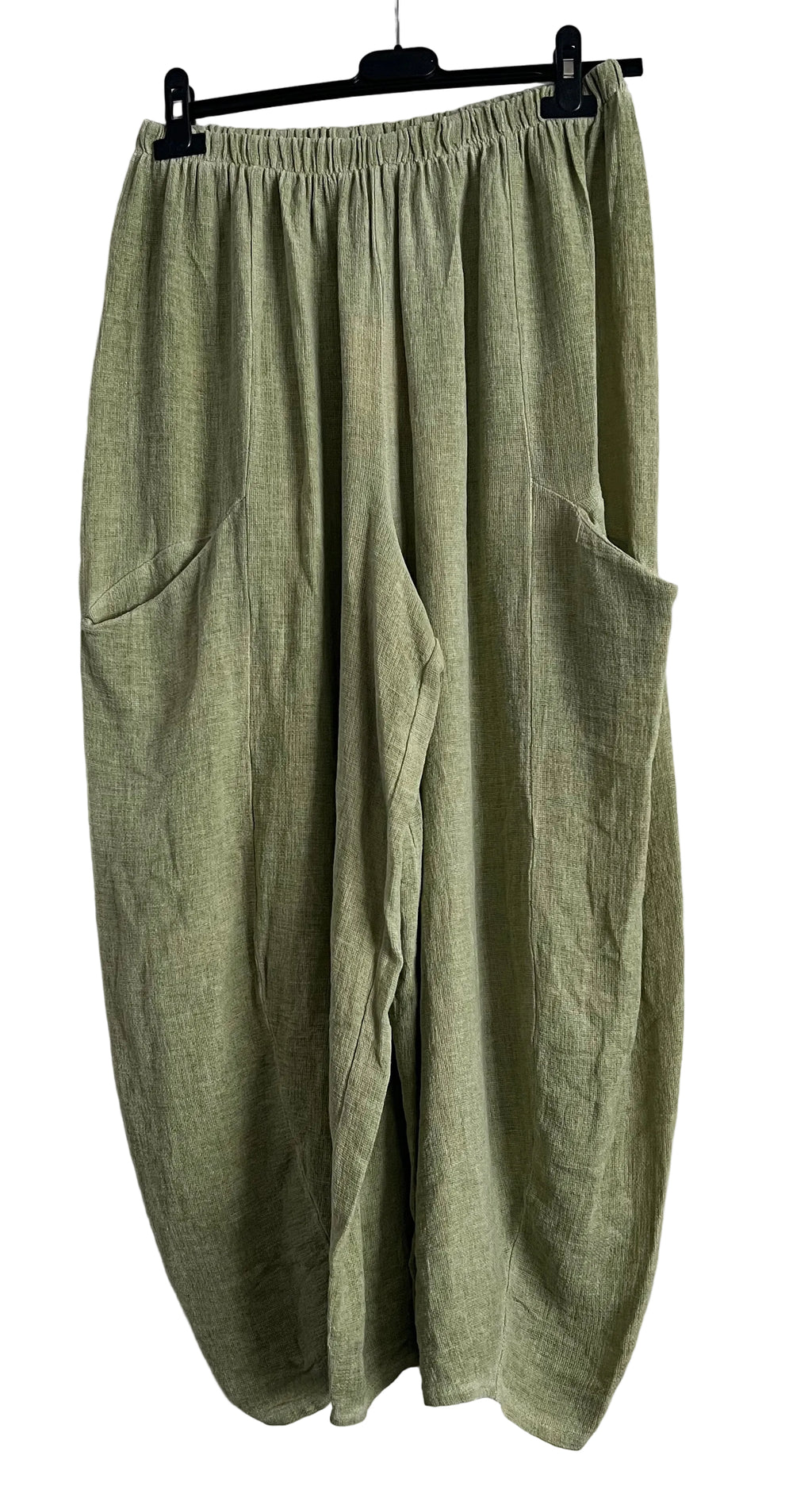 Teabag style olive green trousers with pockets 