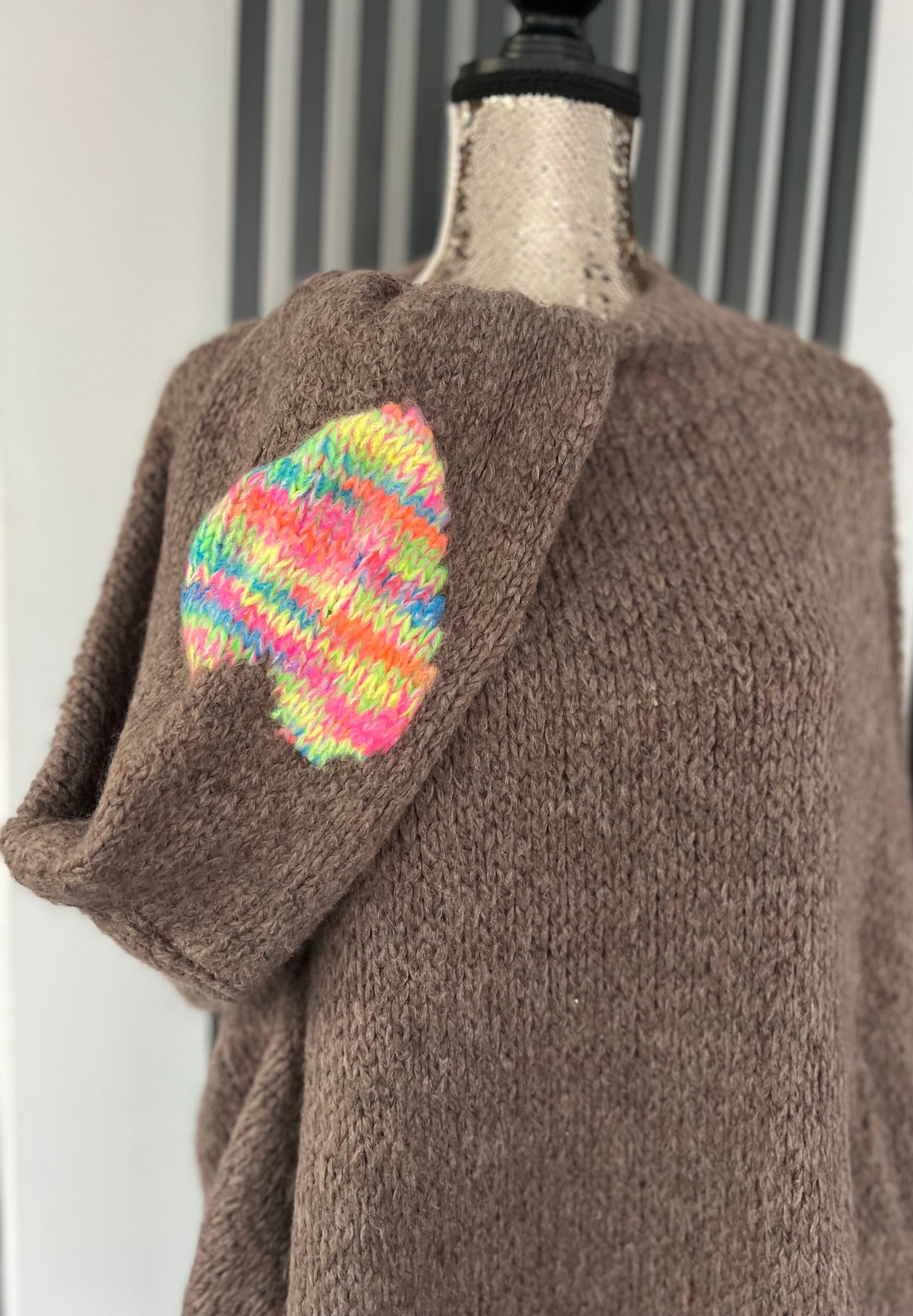 Mocha chunky knit oversized knit jumper heart detail on sleeve