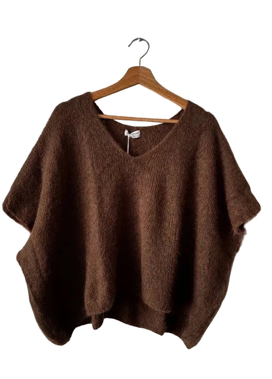 chocolate brown baggy style oversized v-neck knitted jumper 