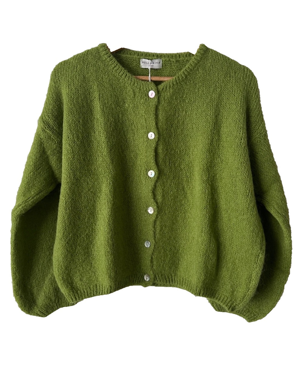 Women's Apple Green Mohair Blend Round-Neck Cardigan