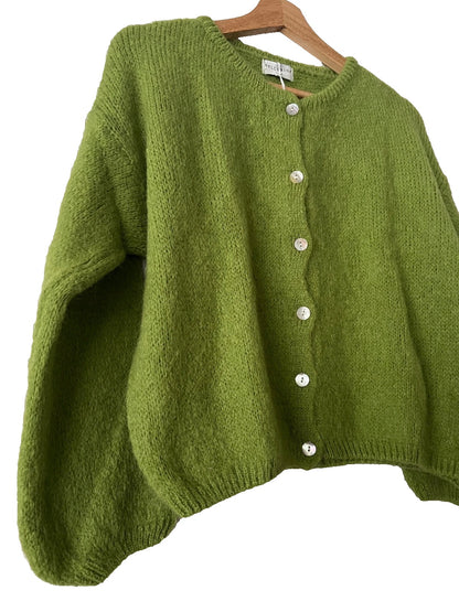 Women's Apple Green Mohair Blend Round-Neck Cardigan