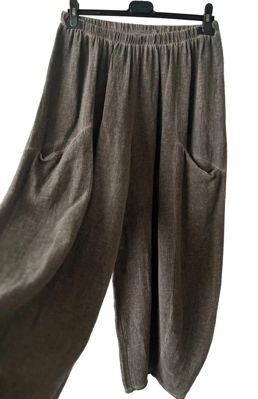 Women's Linen Teabag-Style Relaxed Trousers - Brown