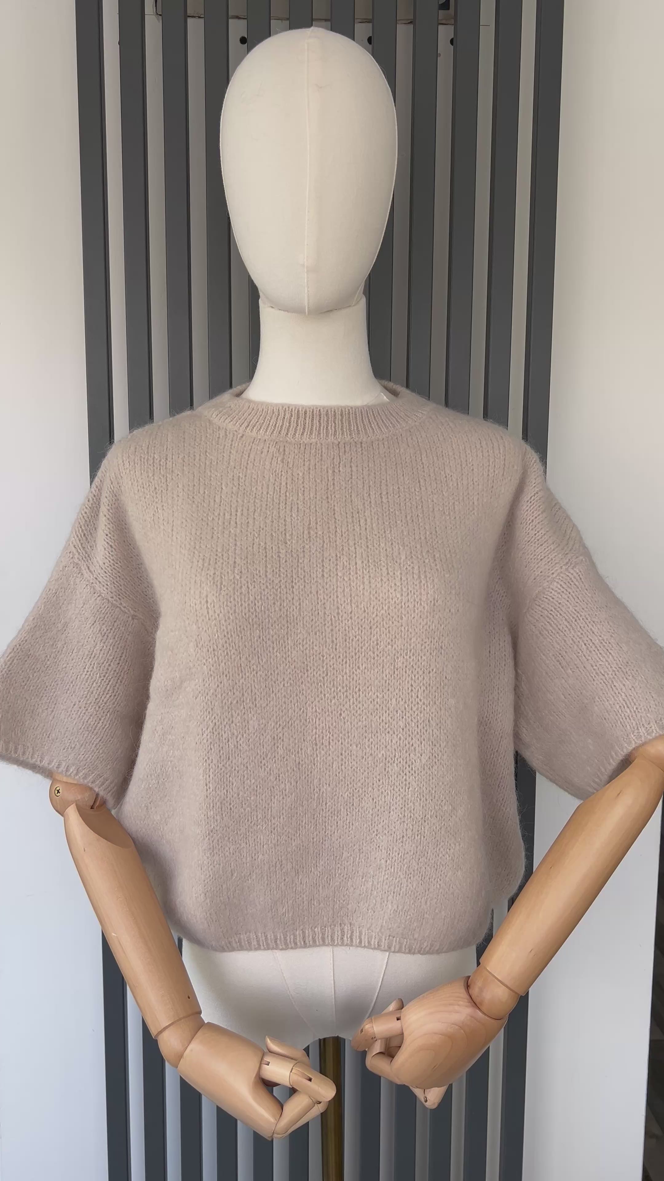 Women's Beige Cropped Short Sleeve Knit Jumper