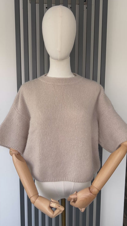 Women's Beige Cropped Short Sleeve Knit Jumper